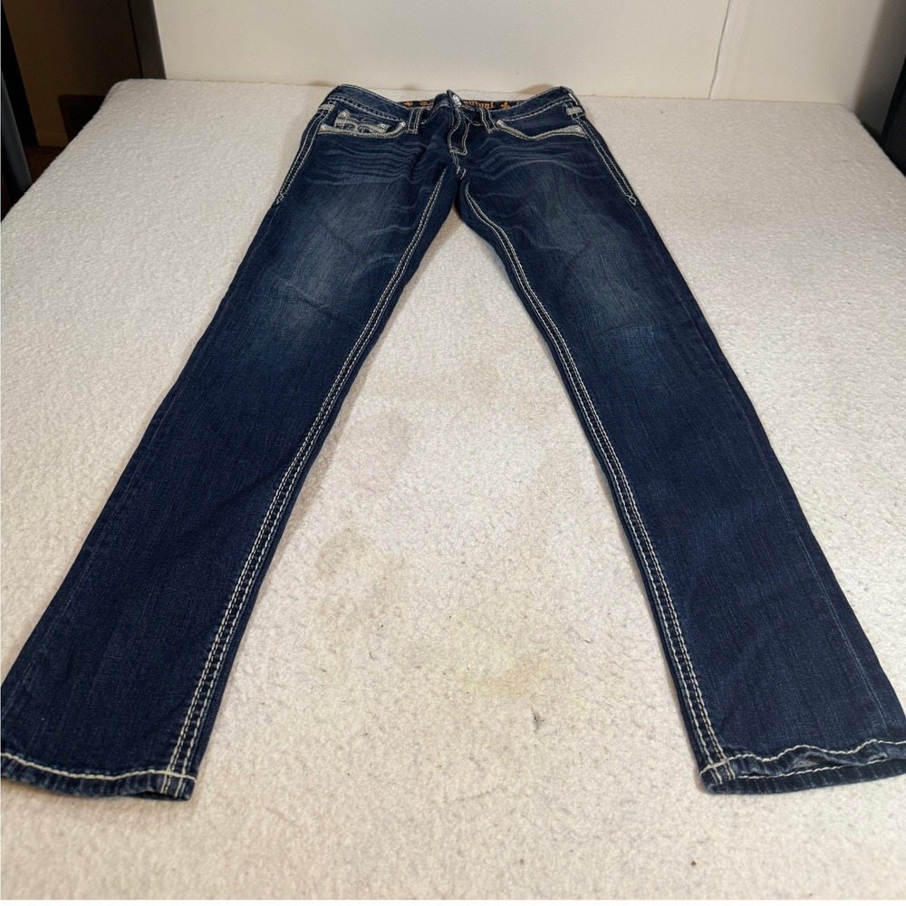 Rock Revival Womens Skinny Jeans Dark Wash Contrast Stitch Size 30W Fleur De Lis
